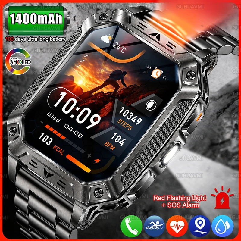 Montre connectée de sport de qualité militaire 1400mAh, autonomie de 100 jours, étanche 10ATM, appel Bluetooth, alerte SOS, lampe de poche LED, montres de sport pour homme