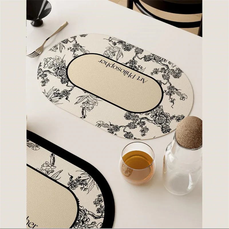New Nordic Leather Placemat Black and White Floral Pattern Waterproof Oilproof Heat Resistant Plate Bowl Mat Dinning Table Decor