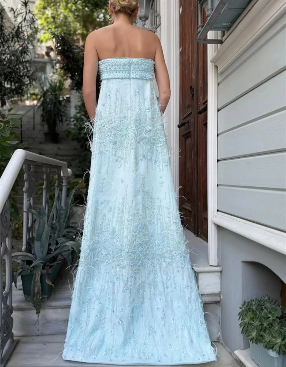 Customized Boho Blue Jersey Evening Dress Formal Strapless Sleeveless Cocktail Dress Classic Straight Court Train Party Dresses
