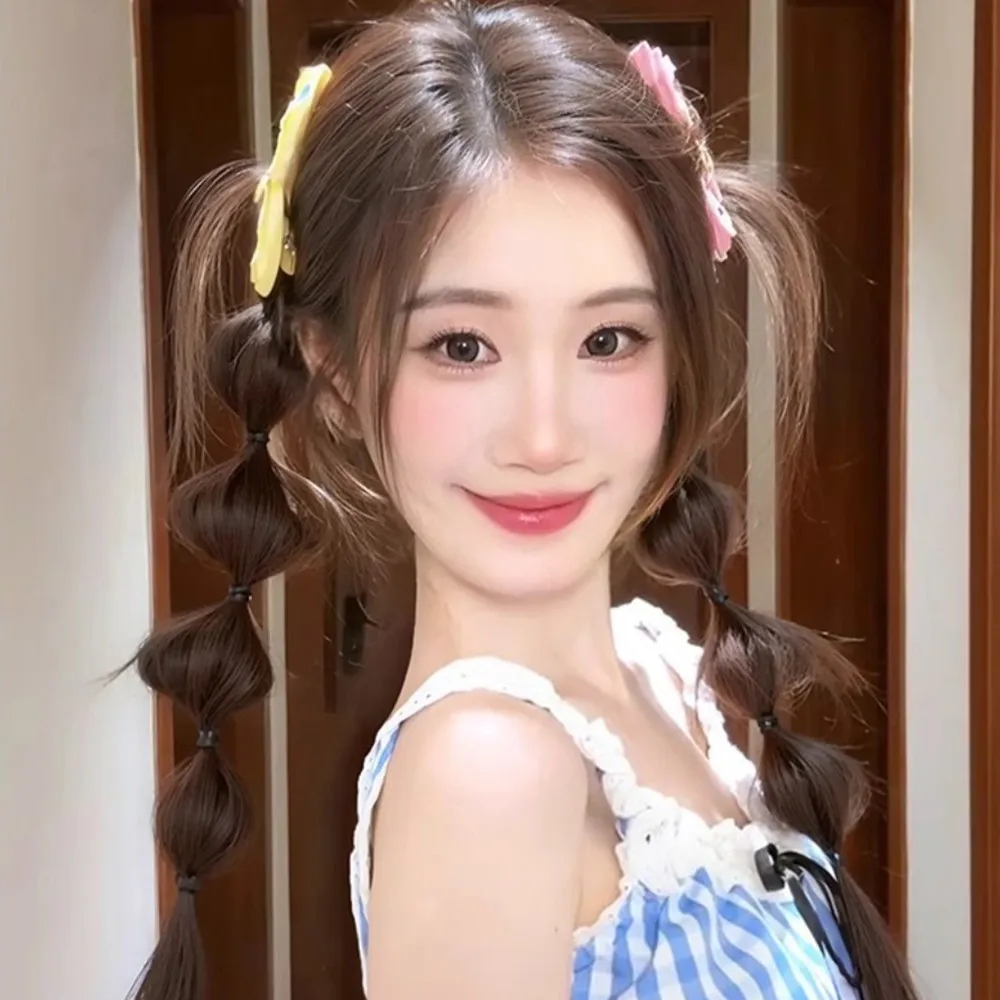 2 pezzi Y2k treccia sintetica estate soffice parrucca di piume di pollo coda di cavallo doppia coda di cavallo bocciolo di fiore bolla accessori per capelli simulati