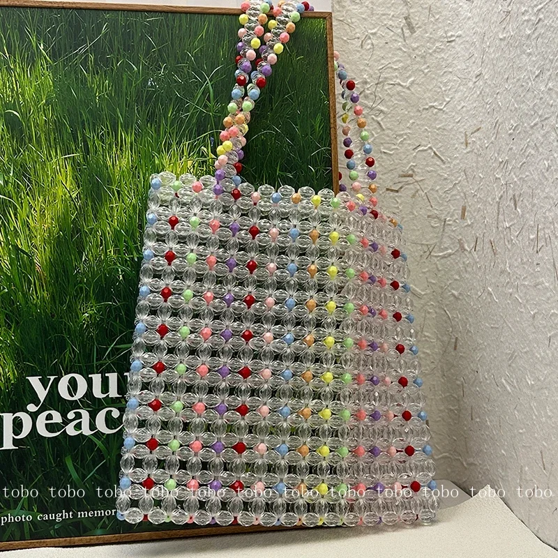 Handmade Large Beaded Handbags Designer Colorful Bead Patchwork Shiny Handbag Sweet Large Capacity Women\'s Shoudler Tote Bag