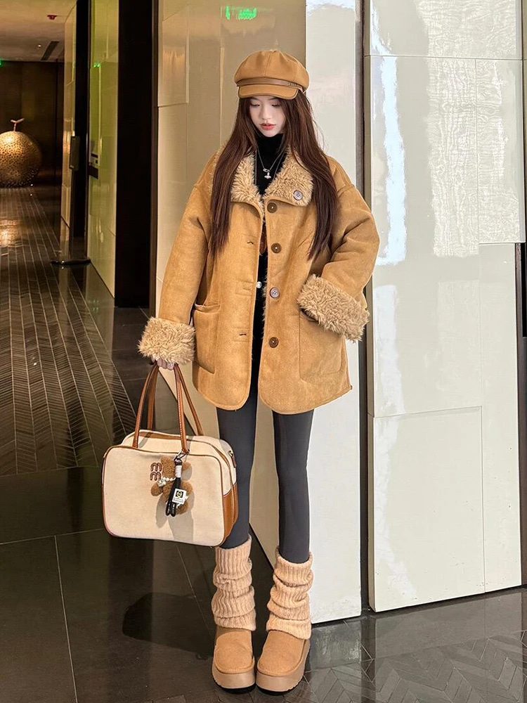 

Retro Style Thickened Warm Sheepskin Coat Loose Slimming Korean Version Commute Outerwear Long Sleeve Mid-Length Single Button