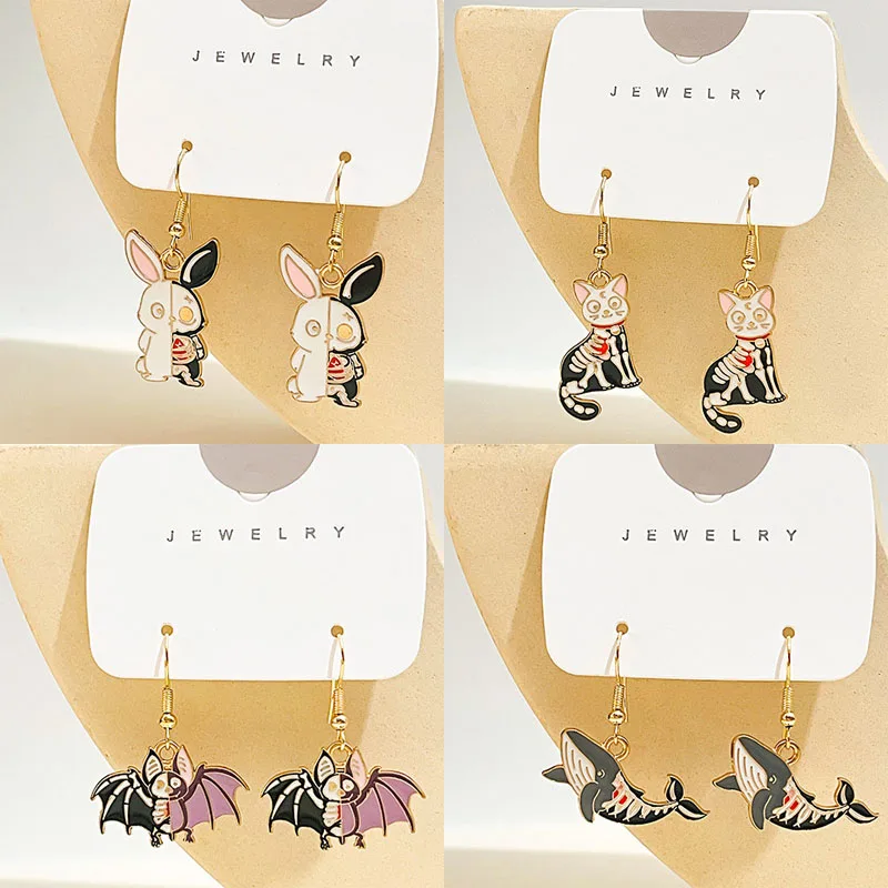 Funny Half Skull Rabbit Baw Cat Earrings Cute Cartoon Animal Enamel Dangle Ear Jewelry Halloween Party Gifts For Women Girls