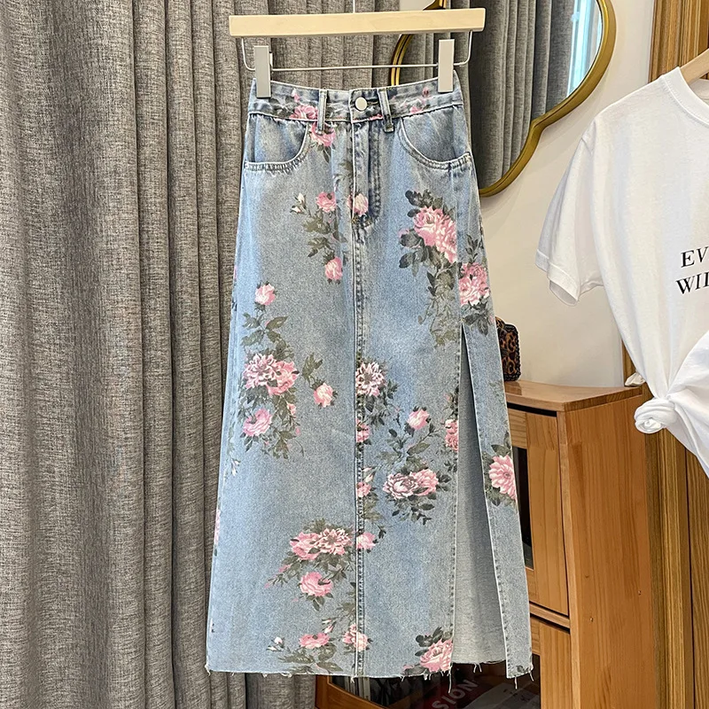 Spring Summer New Vintage Versatile Slimming Slit Denim Print Midi For Women Plus Size Hip-Hugging Mid-Length Skirt