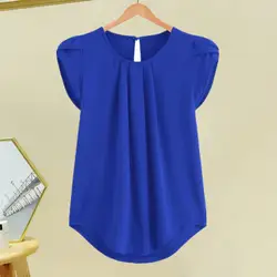 Camiseta plissada solta feminina, blusa de manga de pétala, monocromática, blusa de gola redonda, casual grande, elegante, verão