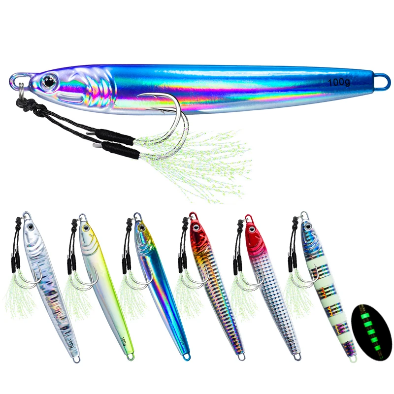 40g 80g 100g Luminous Fast Jigging Casting Lure 7Colors Fishing Metal Jig Bait With Double Assist Hook