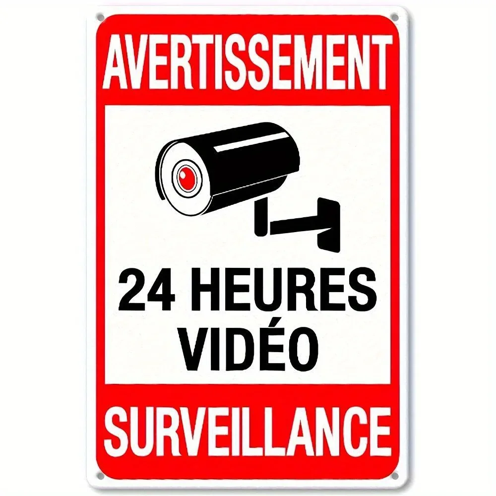 Decorative Signs& PlaquesReflective Metal Video Surveillance Sign -  , French Avertissement 24 Heures Warning, Wall-Mounted f