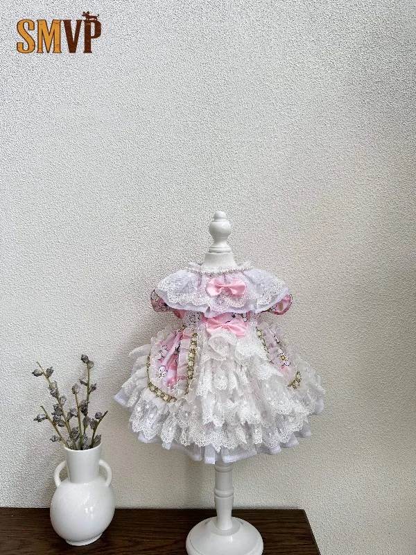 High-End Pink and White Lace Pet Lolita Dress Tiered Cake Dress with Multiple Bows Elegant Party and Birthday Costume for Dogs