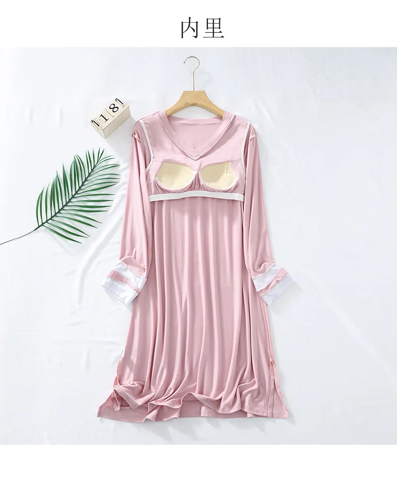 2024 New Women\'s Spring and Summer Sleeping Dress Modal V-neck long-sleeved skirt with breast pad Loose household skirt summer