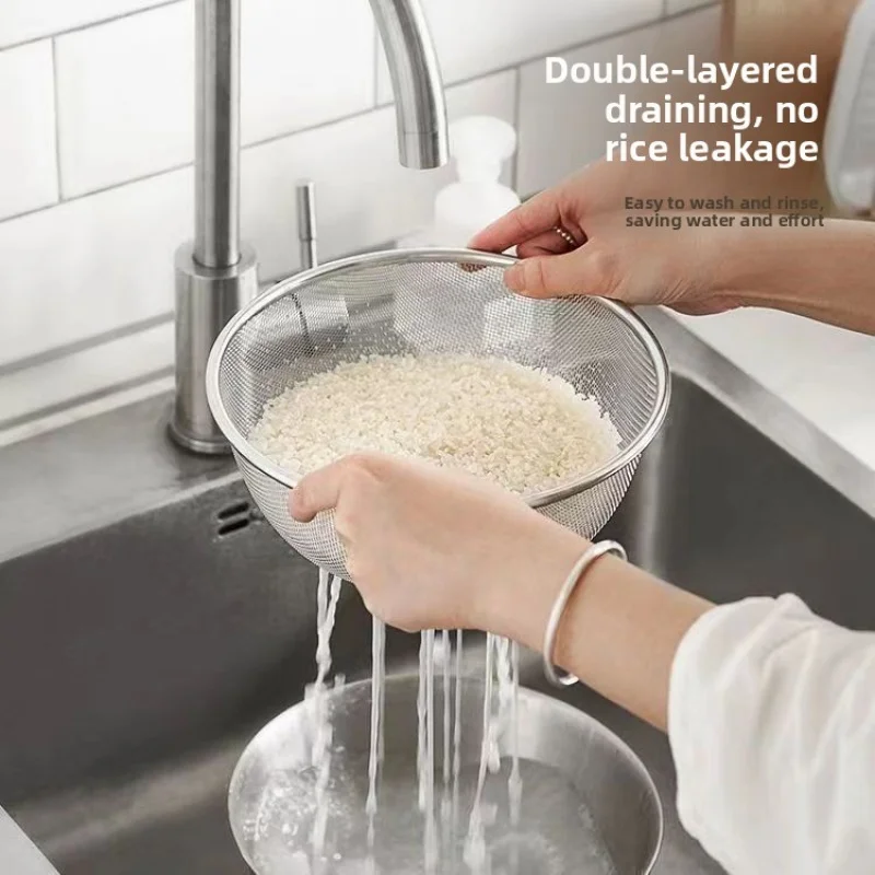 Food Grade Stainless Steel Draining Basket Salad Bowl Two-Piece Set Household Kitchen Strainer Basin for Washing Vegetables Fine