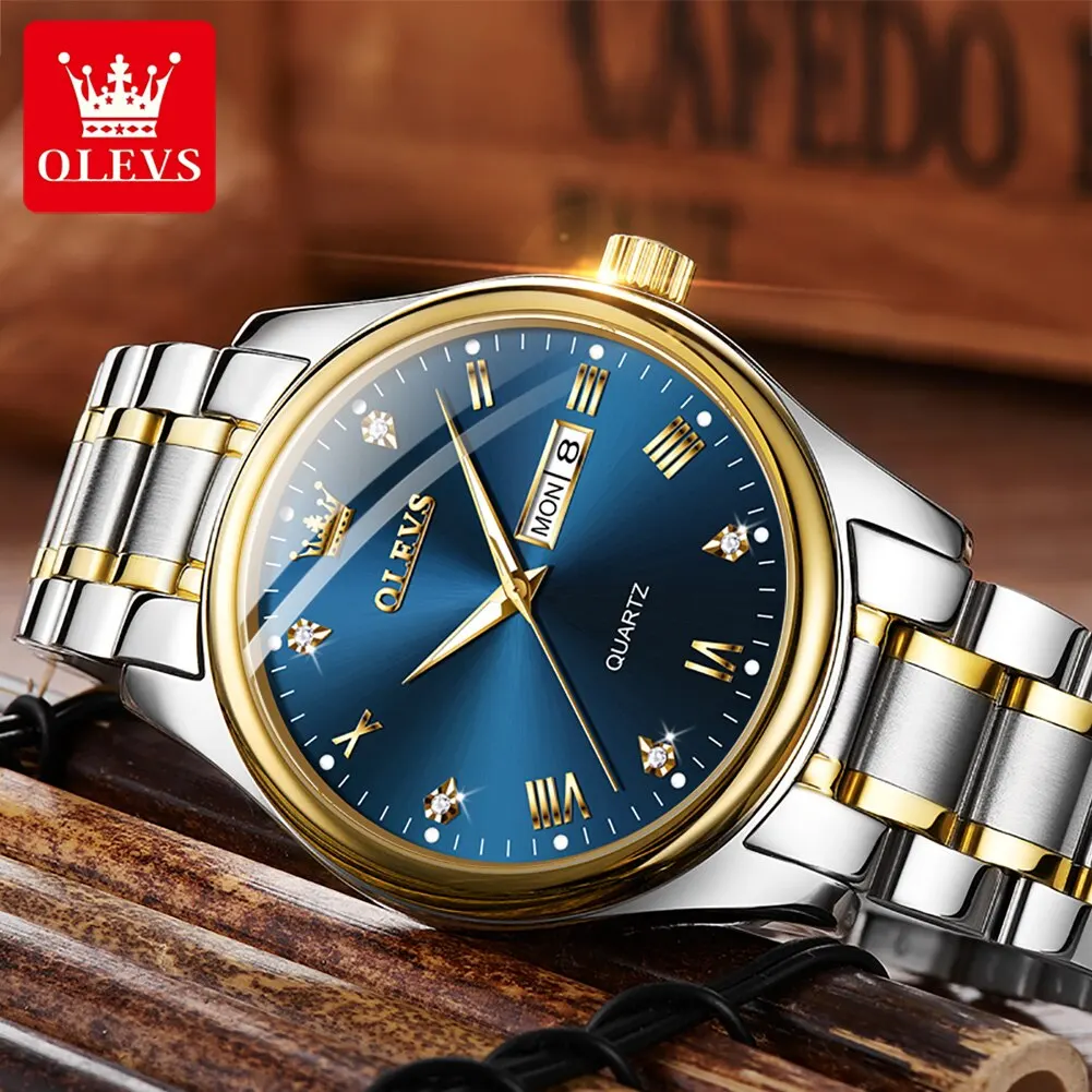 OLEVS Brand Men\'s Quartz Watch Stainless Steel Waterproof Luminous Fashion Strap Business Men\'s Quartz Wristwatch Gold Watch