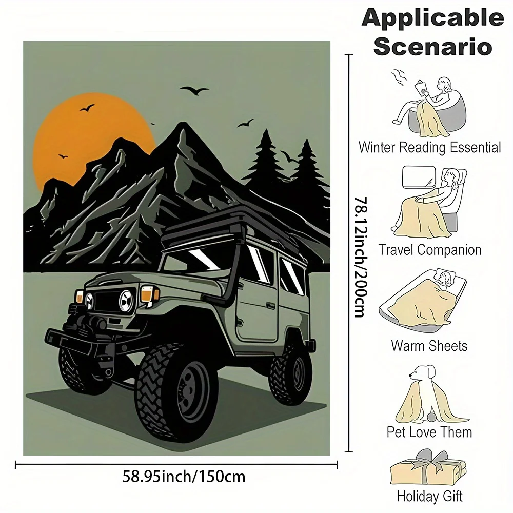 Cozy Camping Jeep Illustration Throw Blanket for Outdoor Adventure Picnic Patio Home Decor