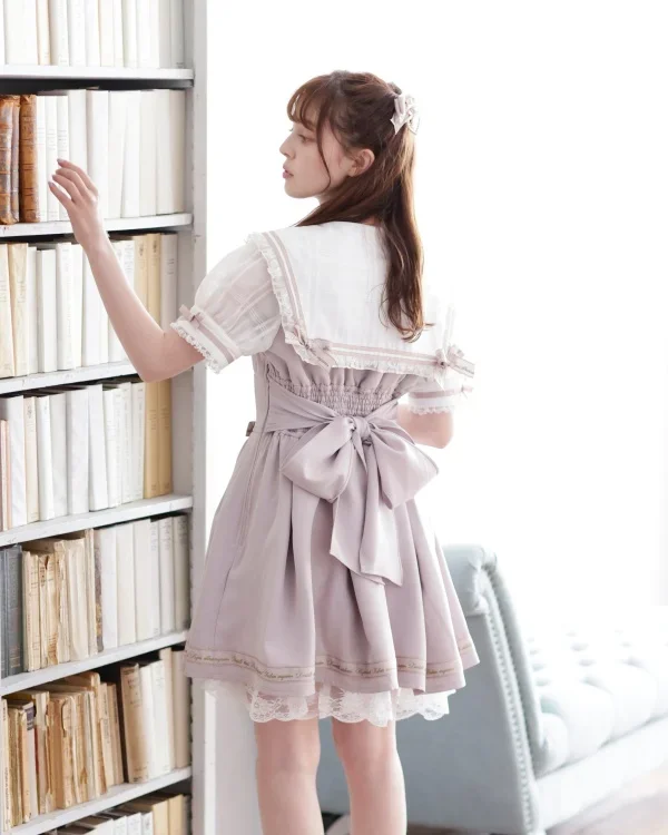 Japanese Liz Mine Mass-Produced Sweet Sailor Collar Short Sleeve Dress Women's Spring and Summer Lace Bow Above Knee Dresses