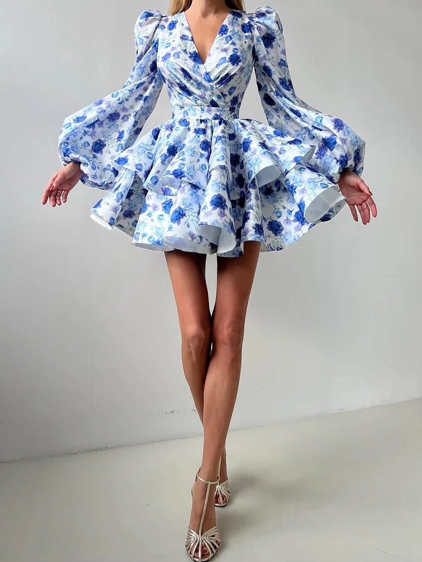 

Marthaqiqi Printing Elegant Women Nightwear Long Sleeve Sleepwear Sexy V-Neck Nightgowns Mini Dress Casual Ladies Pajamas Winter