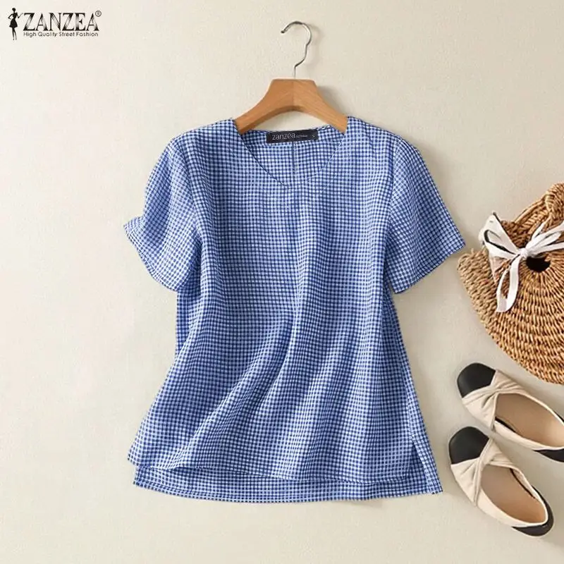 

ZANZEA Fashion Summer Short Sleeve Plaid Blouse Women V Neck Checked Tops Female OL Work Blusas Mujer Casual Loose Holiday Shirt