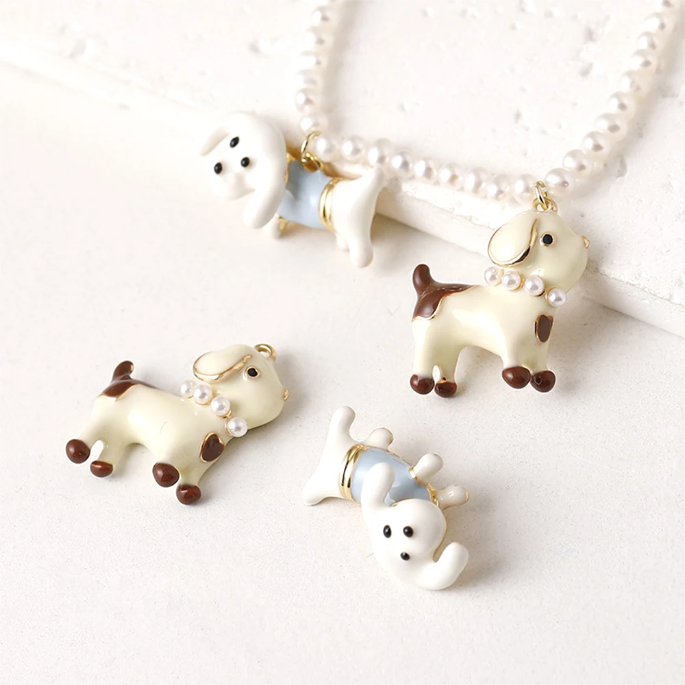 2 Pieces Brass Coated Gold Drip Oil Sticker Pearl Puppy Pendant DIY Jewelry Making Necklace Bracelet Accessory Materials