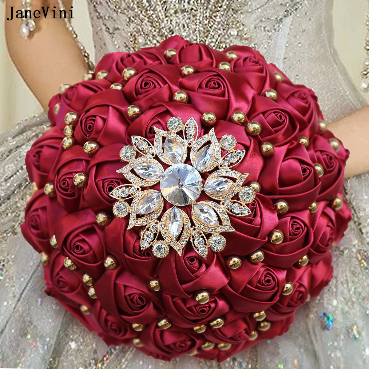 JaneVini New Luxury Rhinestone Dark Red Bridal Bouquets Bling Golden Pearls Artificial Satin Roses Bride Wedding Flowers Bouquet