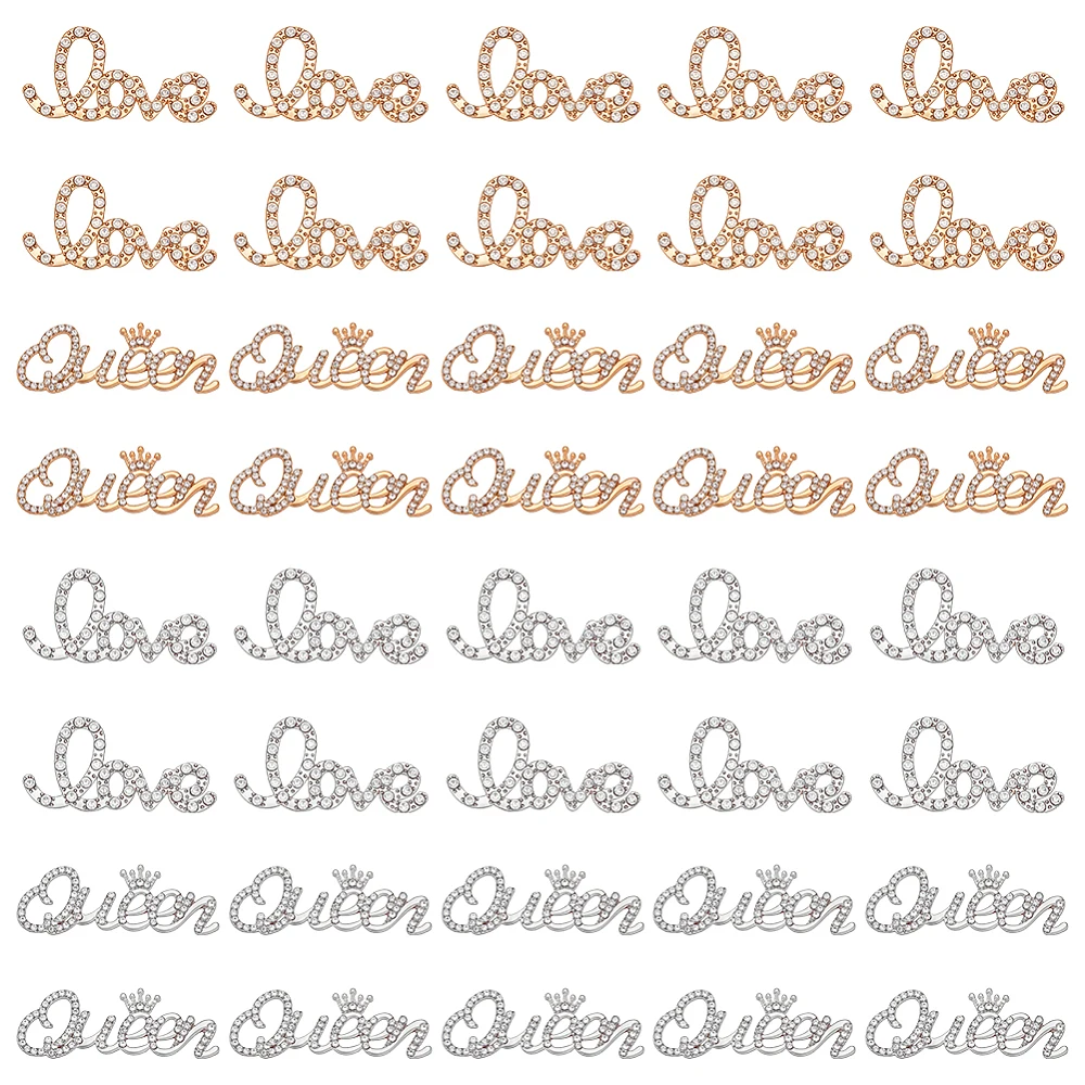 40Pcs Embroidered Patches 4 Styles Full Rhinestone Love Queen Crown Applique Glitter Alloy Sewing Appliques Clothing Patches