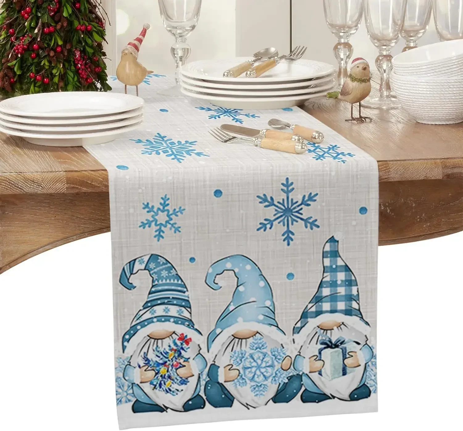 Christmas Blue Snowflake Gnome Linen Table Runners Party Decor Reusable Winter Kitchen Dining Table Runner Christmas Decorations
