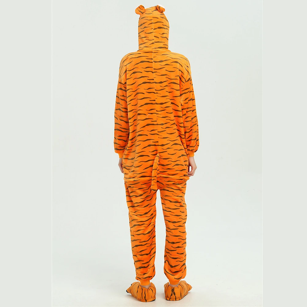 Tigre laranja com cauda curta e listra preta com capuz flanela pijama de uma peça com capuz botão macacão casal cosplay pijamas