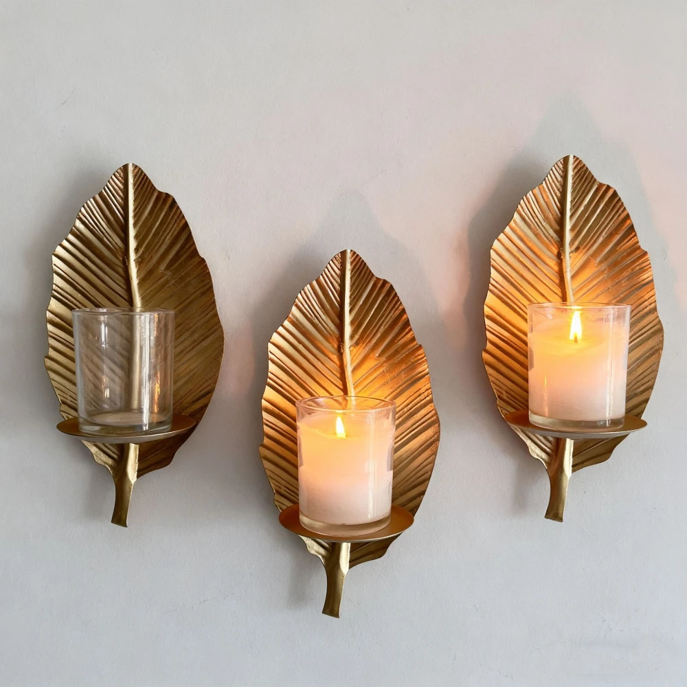 Gold Metal Wall Sconce, Foldable Leaf Design Candle Holder, Wall Mounted Hanging Holder for Living Room Bedroom Home Decor