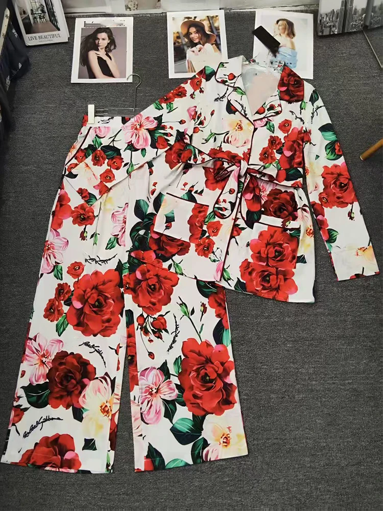 

Spring 2025 New Printed Women's Suit Lapel Pocket Long Sleeve Tied Shirt+High Waist Wide Leg Pants Fashion Two-piece Set