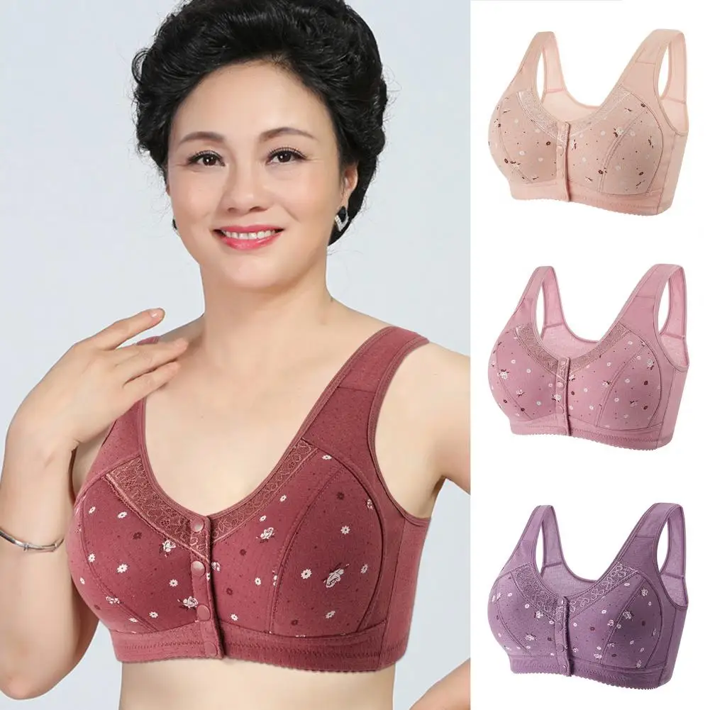 Plus Size Flower Print Wire Free No Pads Nursing Bra Mid-aged Mom Open Front Vest Brassiere Lingerie Cotton Bralette Underwear