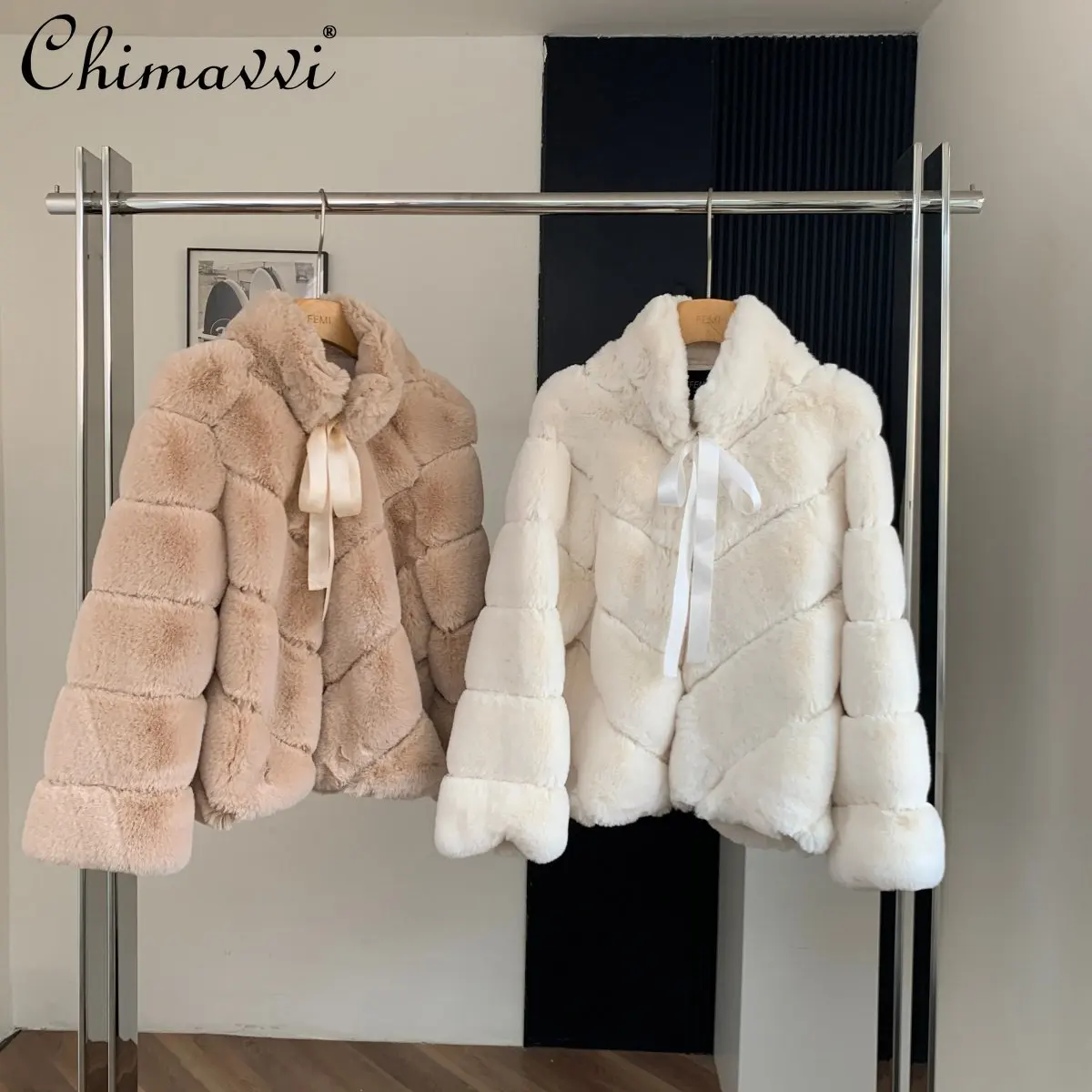 

Французские элегантные зимние теплые плюшевые куртки с кружевной завязкой и бантом, воротником-стойкой, длинными рукавами, из искусственного меха, для женщин