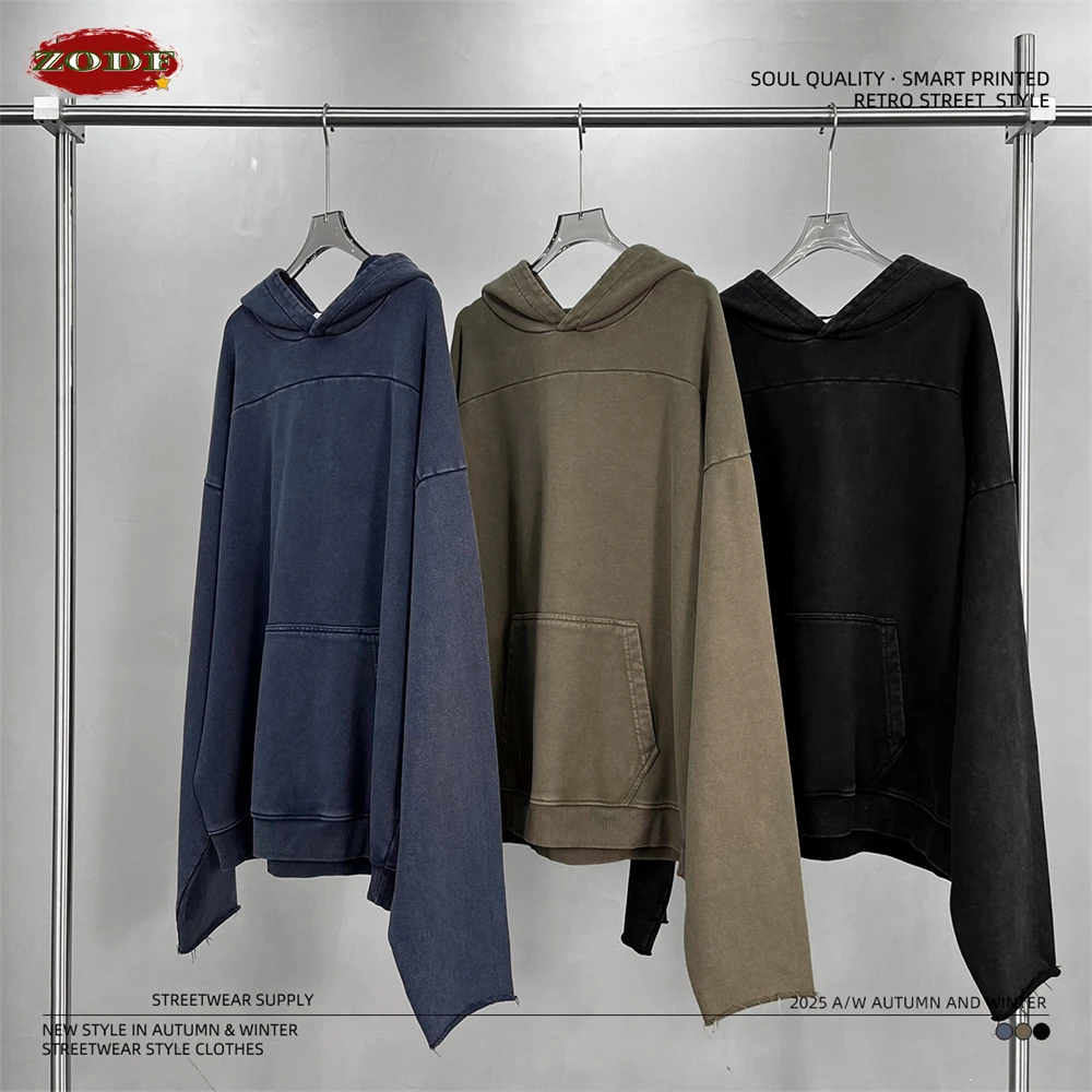 

ZODF Fashion Heavy Weight 430gsm Washed Hoodie For Men Unisex Loose Edge Patchwork Distressed Hooded Pullovers Coat HY1098