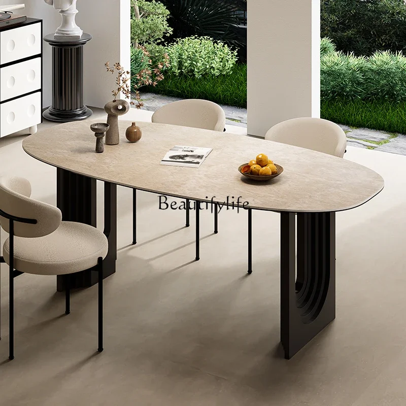 01LTravertine rock slab dining table household small apartment retro long oval table medieval French style