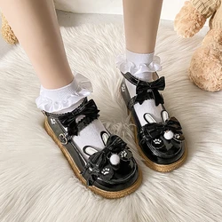 Lolita Kawaii Mary Janes Shoes Women Japanese Style Bow Sweet Flats Shoes Female Chic Heart-shaped Causal Round Toe Shoes