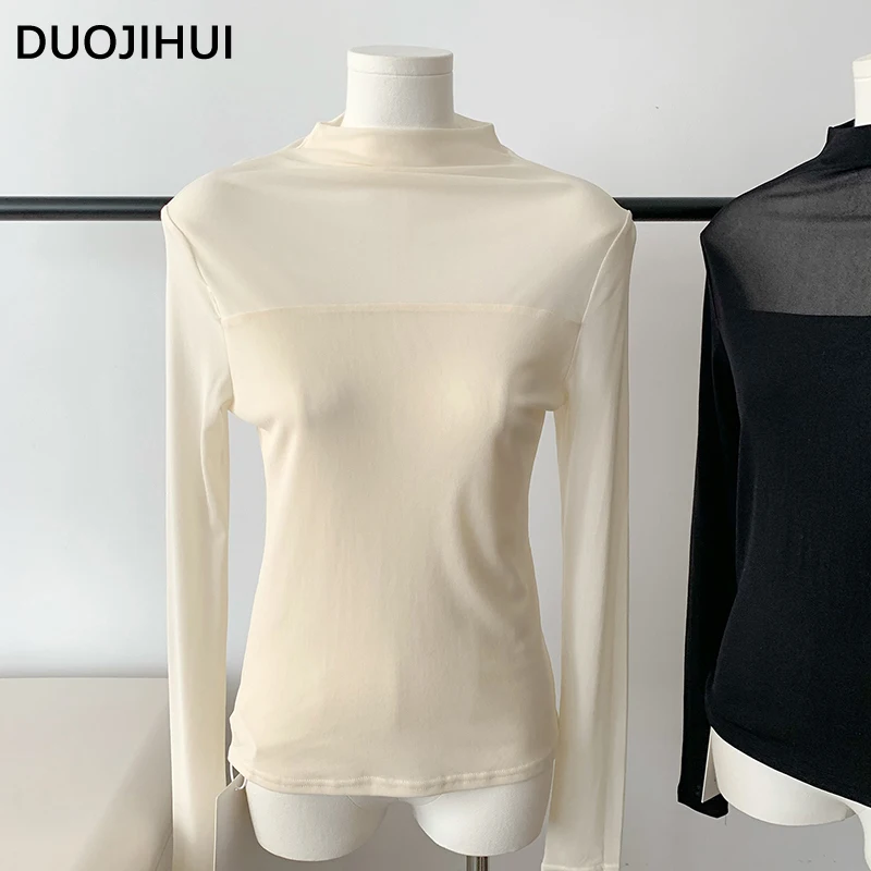 

DUOJIHUI Classic Solid Color Chicly Lace Women's Blouse Autumn 2-colors Fashion Long Sleeve Pullover Female Blouse Black Apricot