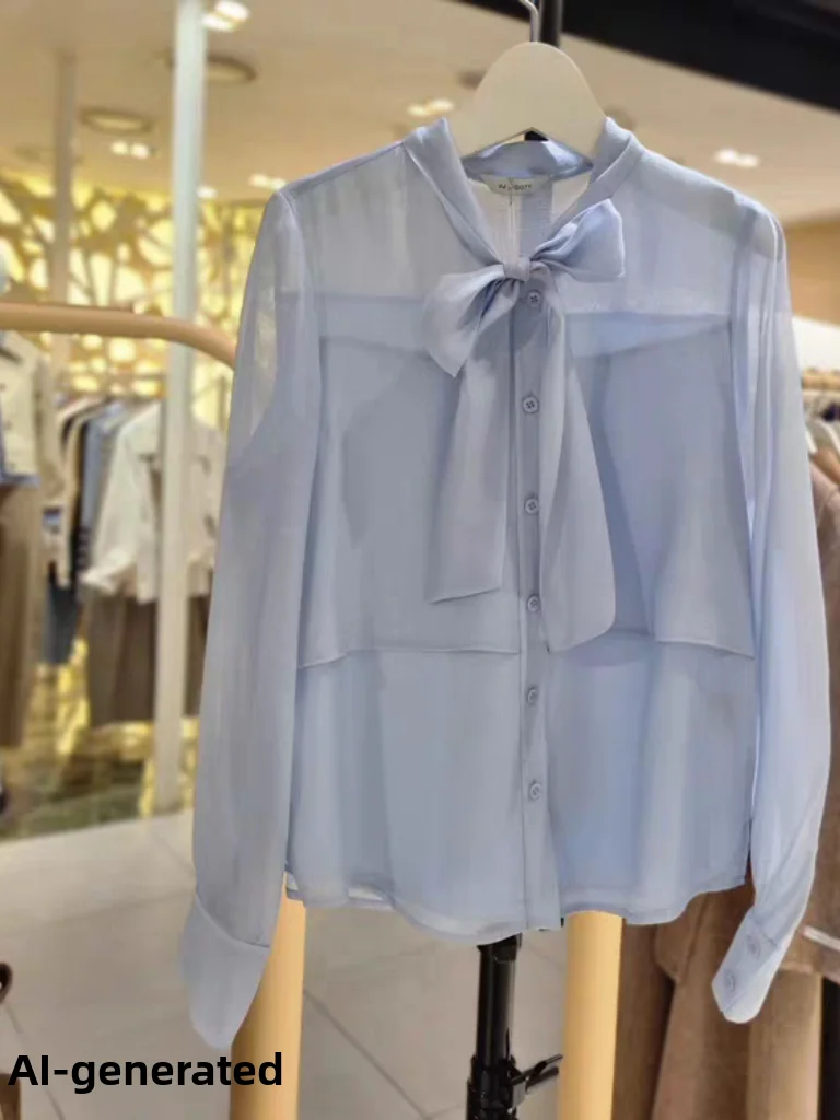

Elegant Ladylike Summer New Style Korean Version Breathable Lightweight Comfortable Chiffon Shirt with Sash for Young Women