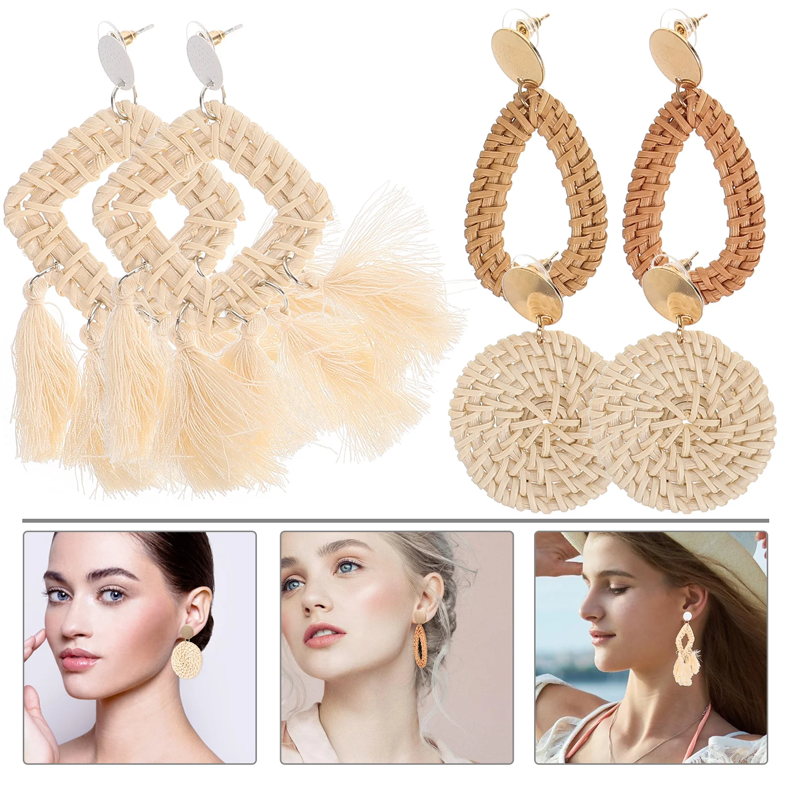 

3 Pairs Rattan Earrings Women Bohemian Beach Accessories Female Jewelry Water Drop Shape Summer Vacation Travel