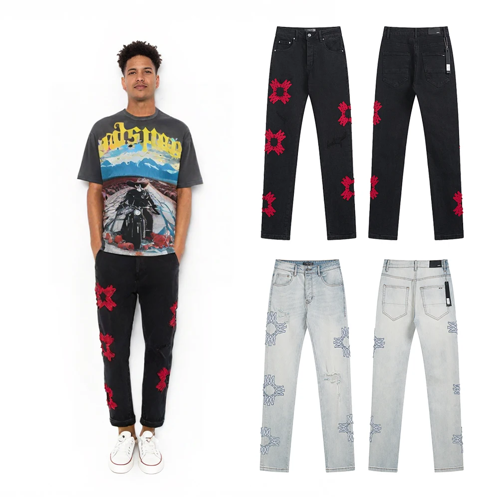 

New Rock Revivals Jeans Embroidered Ripped Jeans Long Pants Casual Slim Fit Jeans Streetwear Clothing Retro Vintage Jean for Men