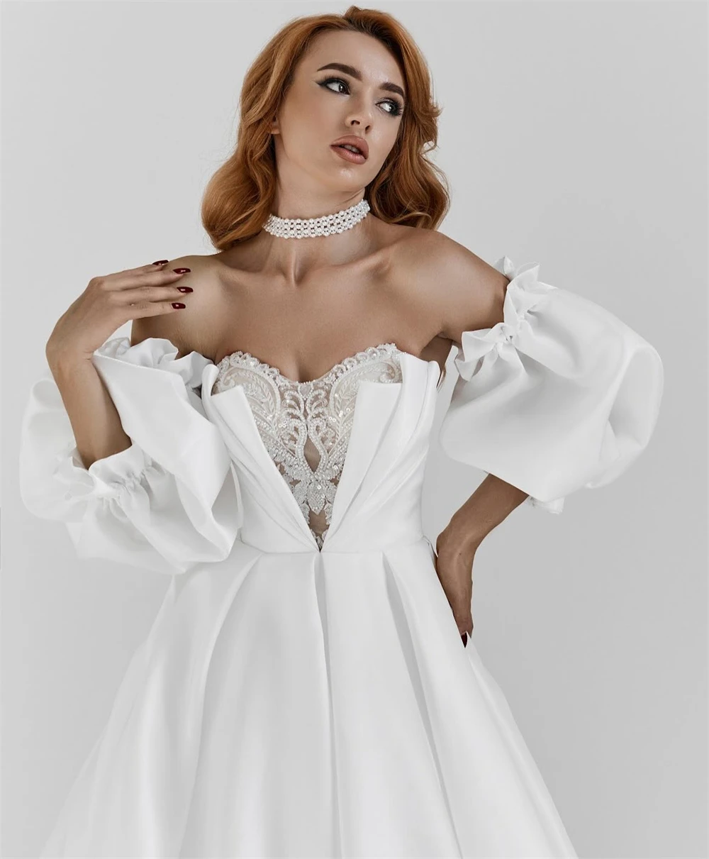 

Customized Elegant White Satin Bridal Gowns Boho Sweetheart Sleeveless Wedding Dress Classic A-Line Court Train Vestido De Novia