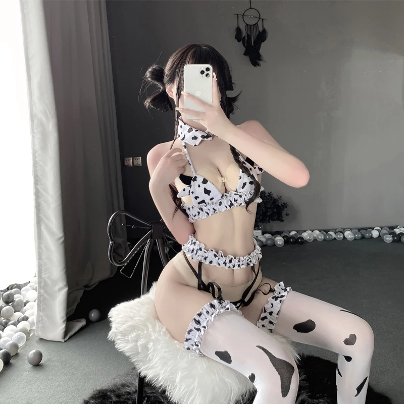 Sexy Cow Cosplay Costumes Anime Mini Milk Bikini Lingerie Set Japanese Kawaii Outfit Floral Maid Uniform With Stockings New