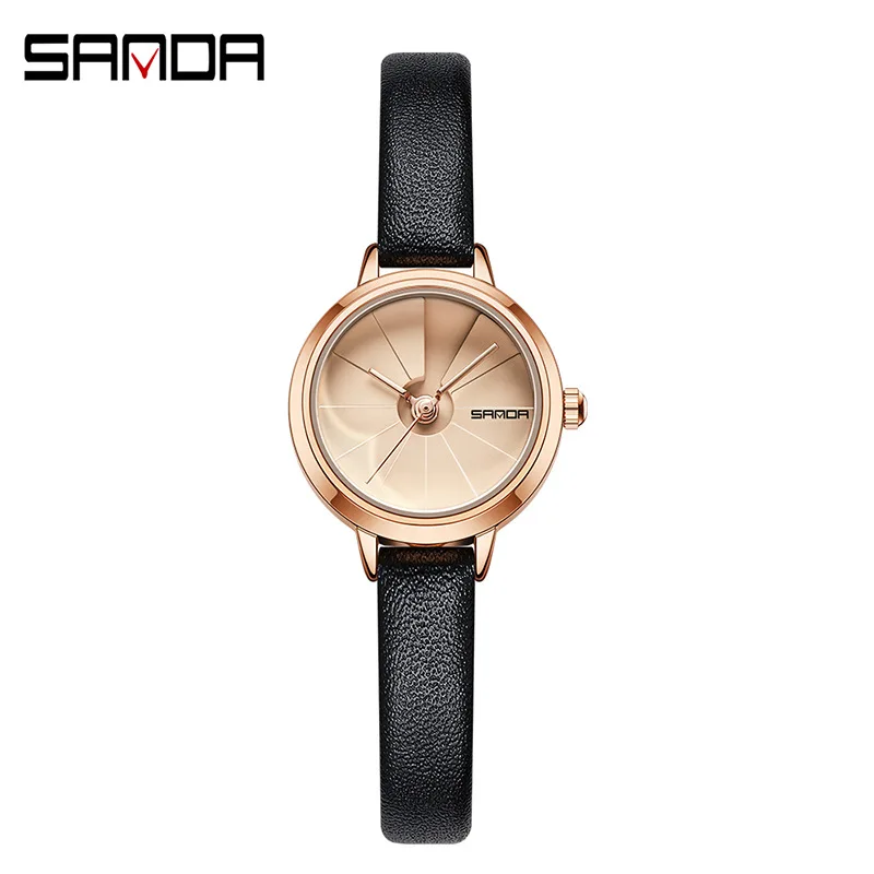 SANDA 1113 orologio al quarzo da donna semplice creativo rotondo cinturino in pelle marrone oro rosa per orologio da donna ragazza