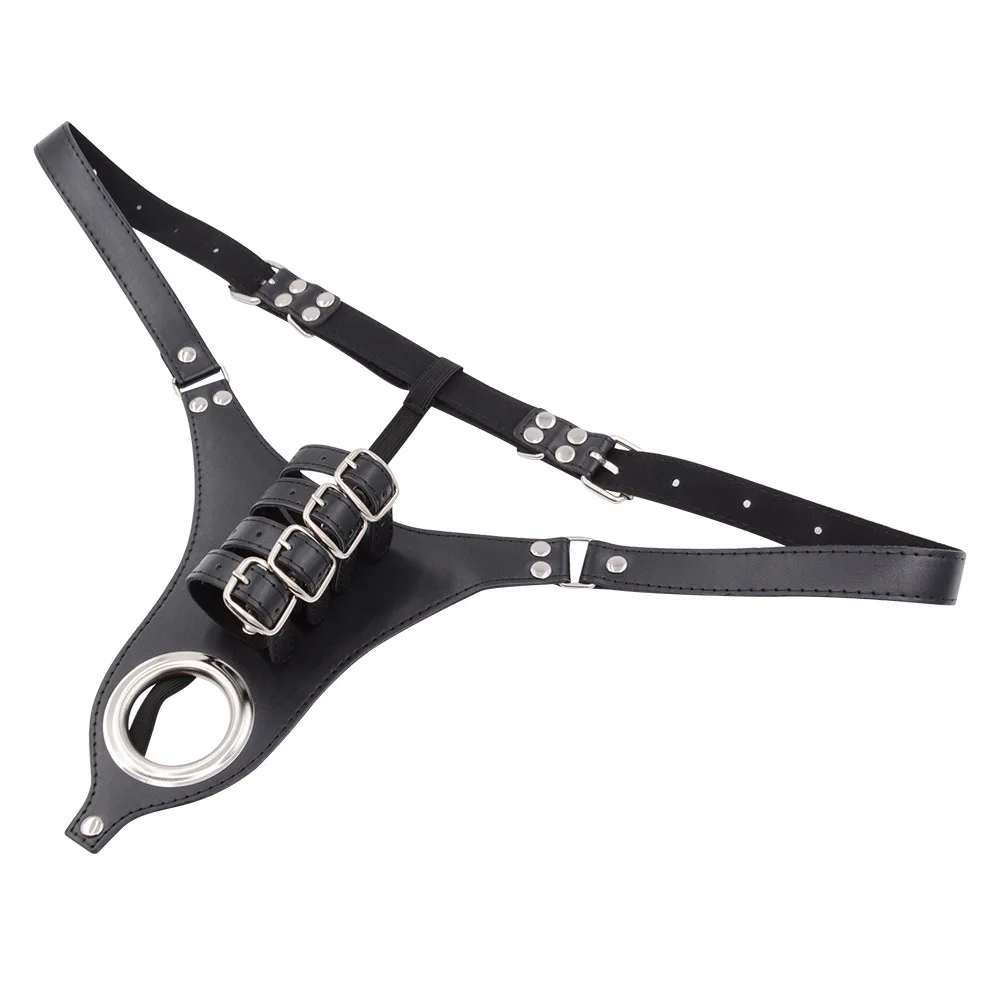 Sexy Leather Penis Panty C-String Thong with Cock Rings Male Chastity Cock Cage Underwear Adult Sex Toys Man Ball Stretcher 5