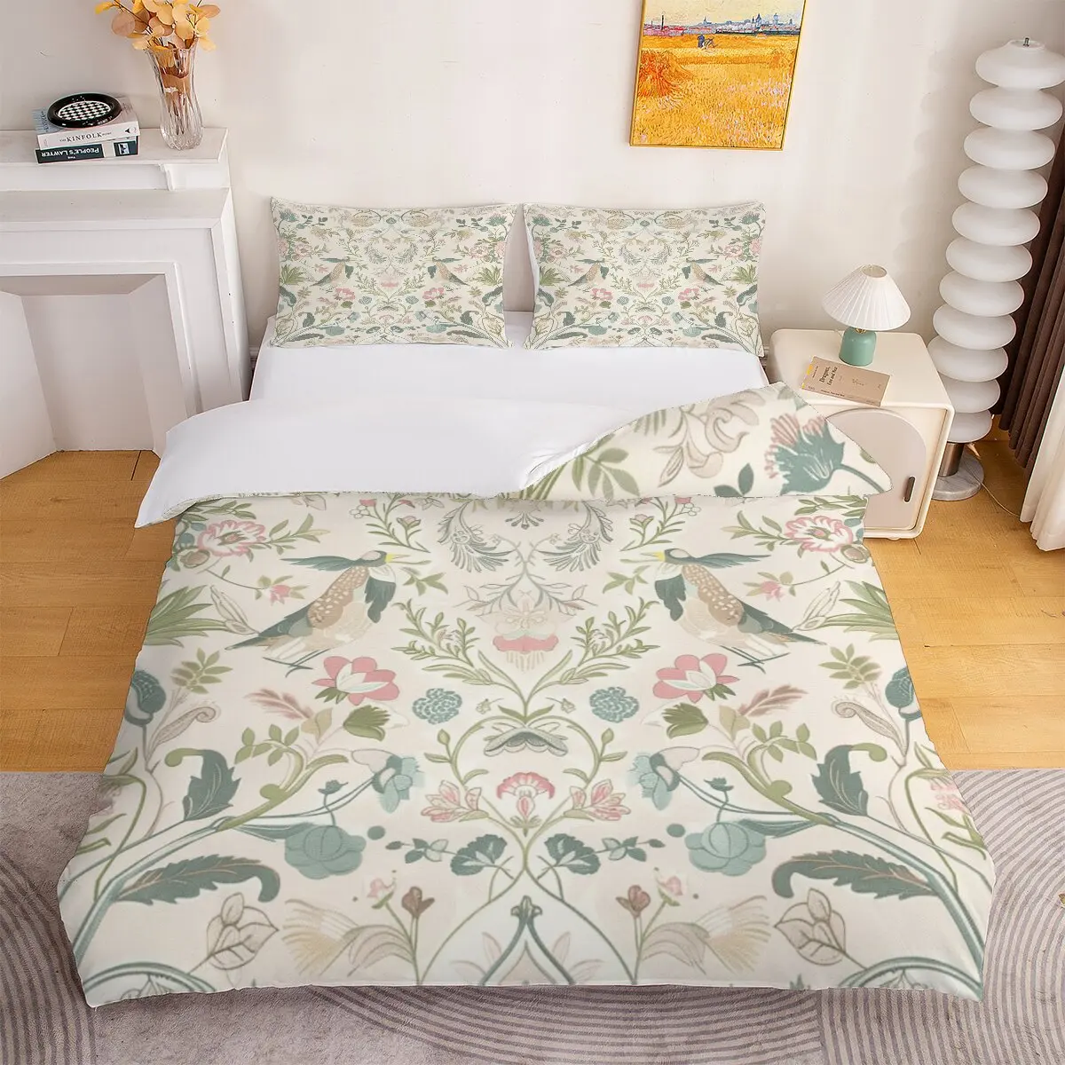 

Pink Green Parrot Duvet size floral pattern 1 duvet cover and 2 pillowcases