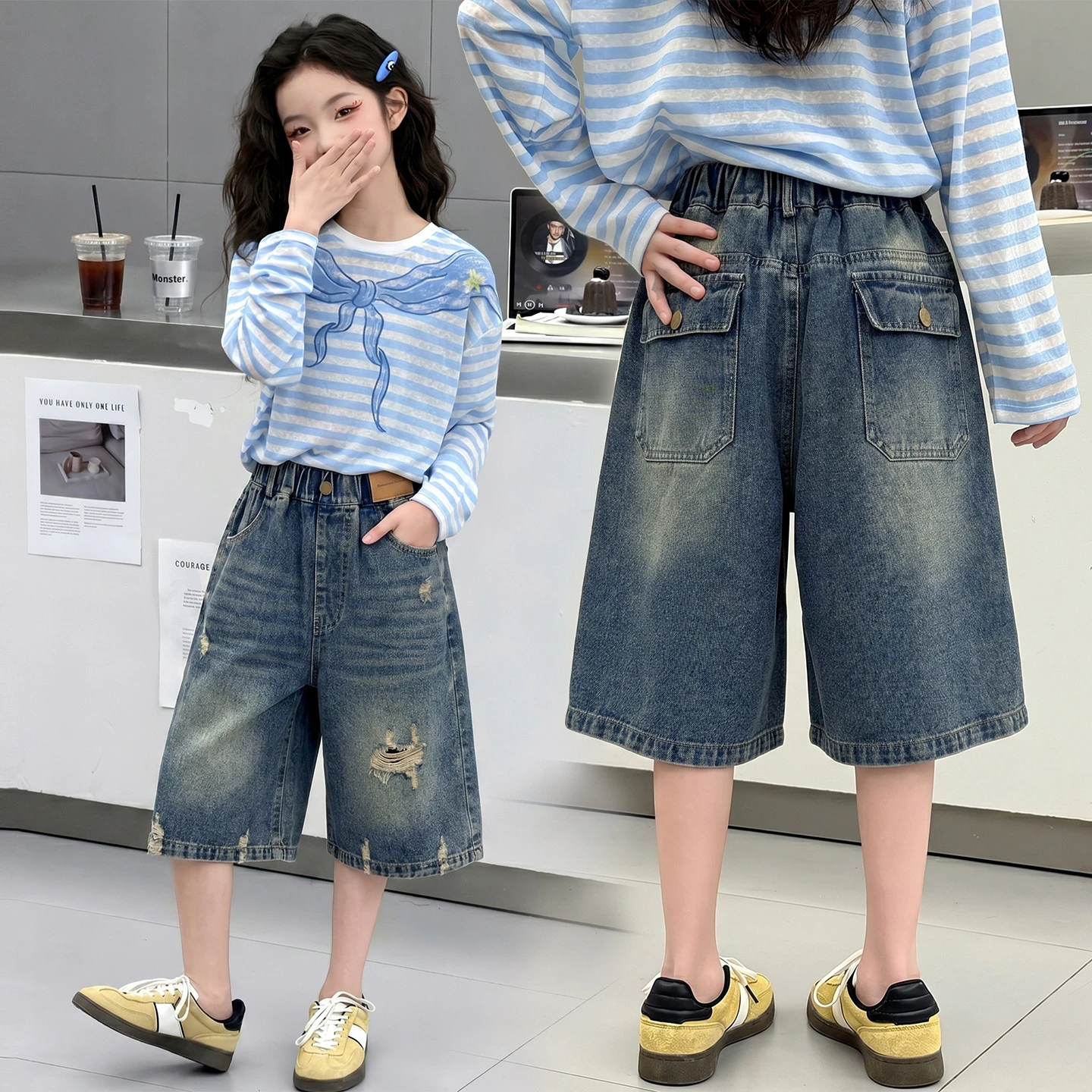 2026 New Summer Children Short Jeans Teen Girls Fashion Ripped Hole Wide Leg Denim Shorts Kid Casual Loose Knee Length Pants