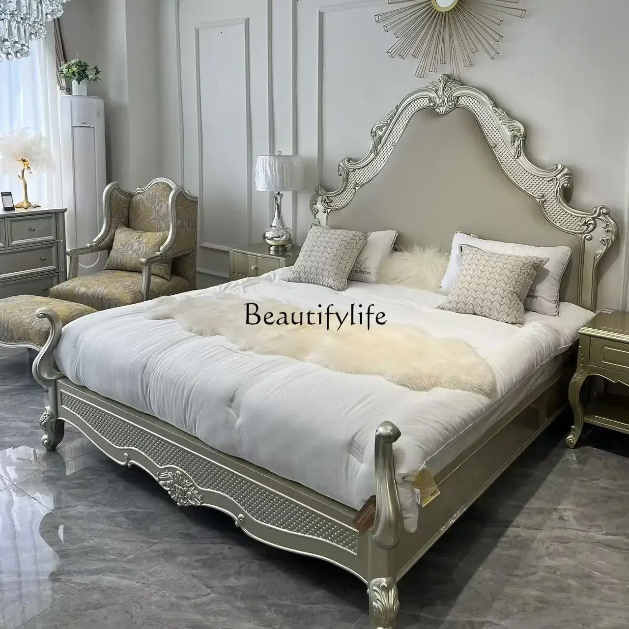 

09 французская легкая кровать из цельного дерева ручной работы, двуспальная европейская кровать принцессы в стиле ретро