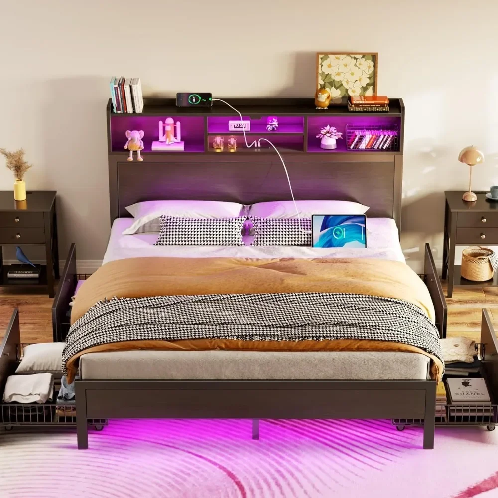 Full Bed Frame with 4 Drawers Storage Headboard, Metal Platform Bed with Charging Station, Bookcase Storage, Easy Assembly