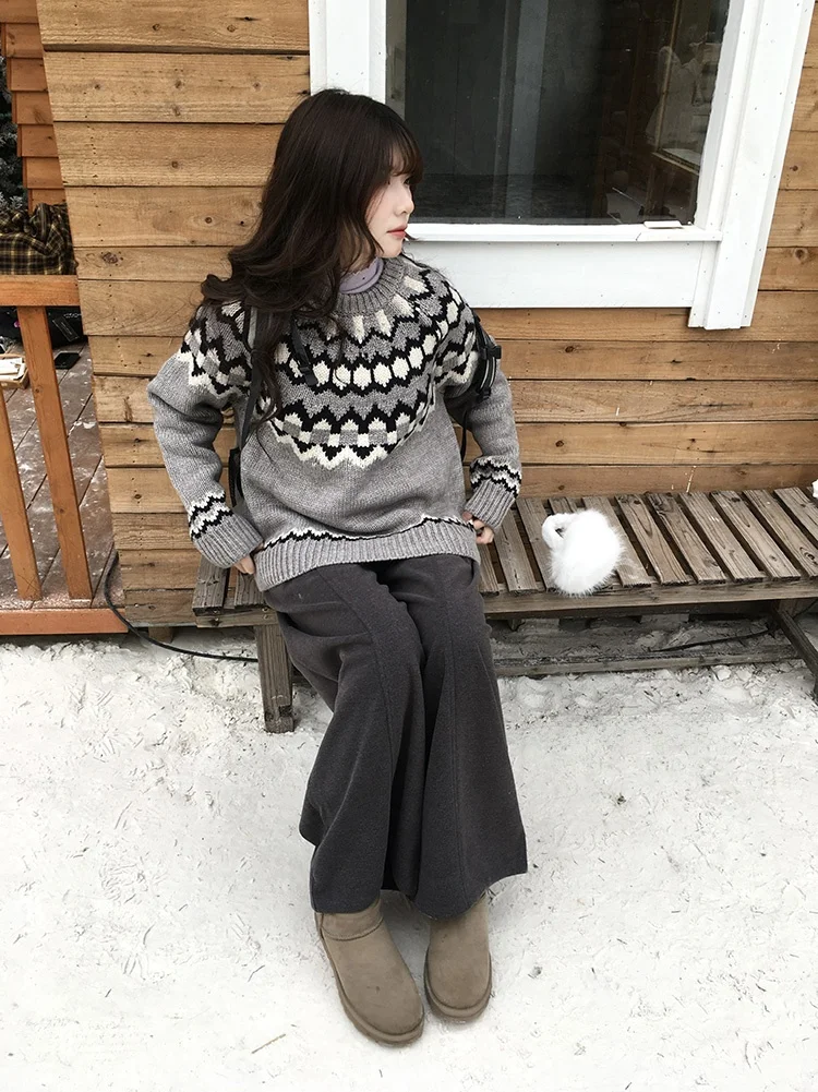 

VOUSALME Retro Women's Sweater round Ne Casual Loose Knitted Warm Top All-Match Autumn Winter Faion Commute Sle