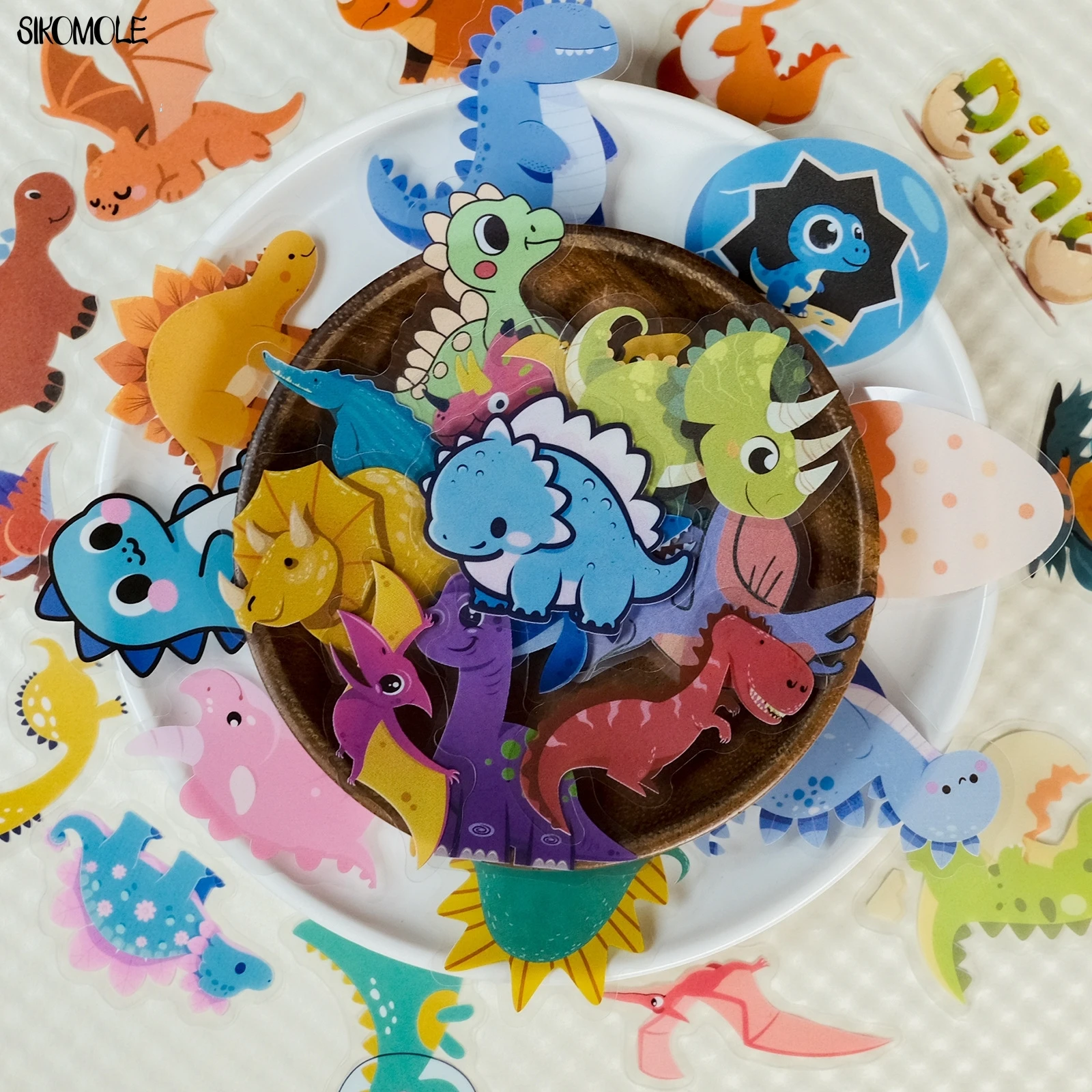 

56pcs Transparent Cartoon Dinosaur Graffiti Stickers Pack Waterproof PET Bookkeeping Material Decorative Guitar Notebook Sticker