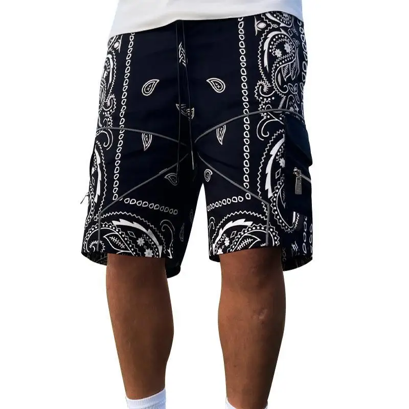 Men\'s cashew flower shorts baggy high street multi-pocket Casual beach pants men\'s straight leg cargo shorts Joggers Gym shorts