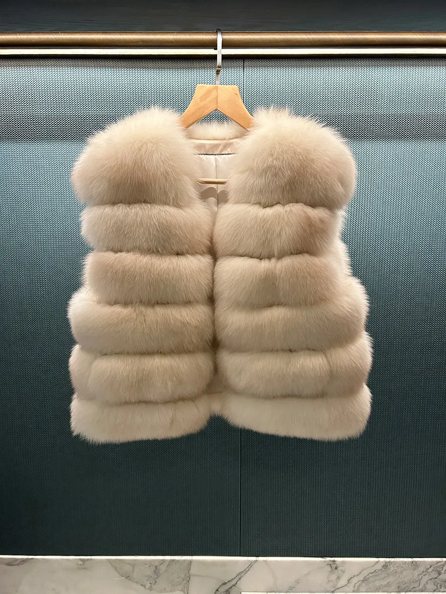 Gilet in pelliccia di volpe, giacca in pelliccia sintetica, sfumatura bicolore da donna