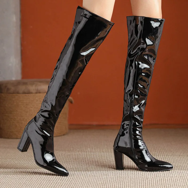 مثير الإفراط في الركبة أحذية النساء الفخذ أحذية عالية أشار تو 8.5 سنتيمتر عالية الكعب أحذية السيدات الشتاء براءات الأحذية الجلدية WSH5426 #1