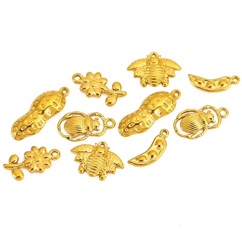 5pcs Stainless Steel Bee Flower Peanut Charm Pendant Suitable for Homemade Necklace Earring Retro Jewelry Materials Accessories