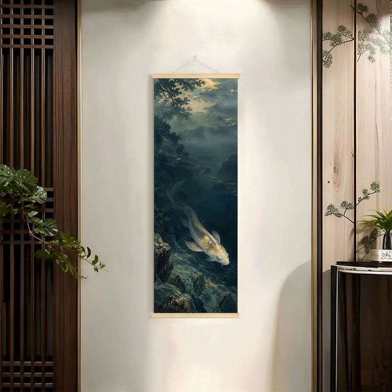 Koi Fish Hanging Scroll with Flowing Water and Shadowy Branches in a Deep Blue Japanese Inspired Style for a Living Room